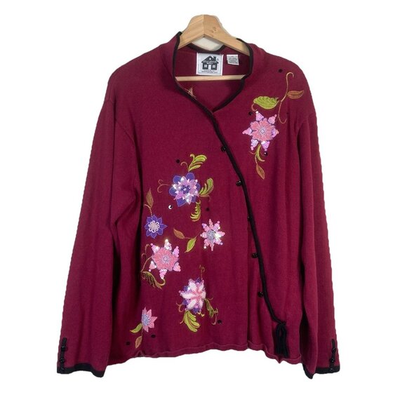 STORYBOOK KNITS Sweater 2X Burgundy Floral Embroidered Beaded Button Cardigan - Picture 1 of 8